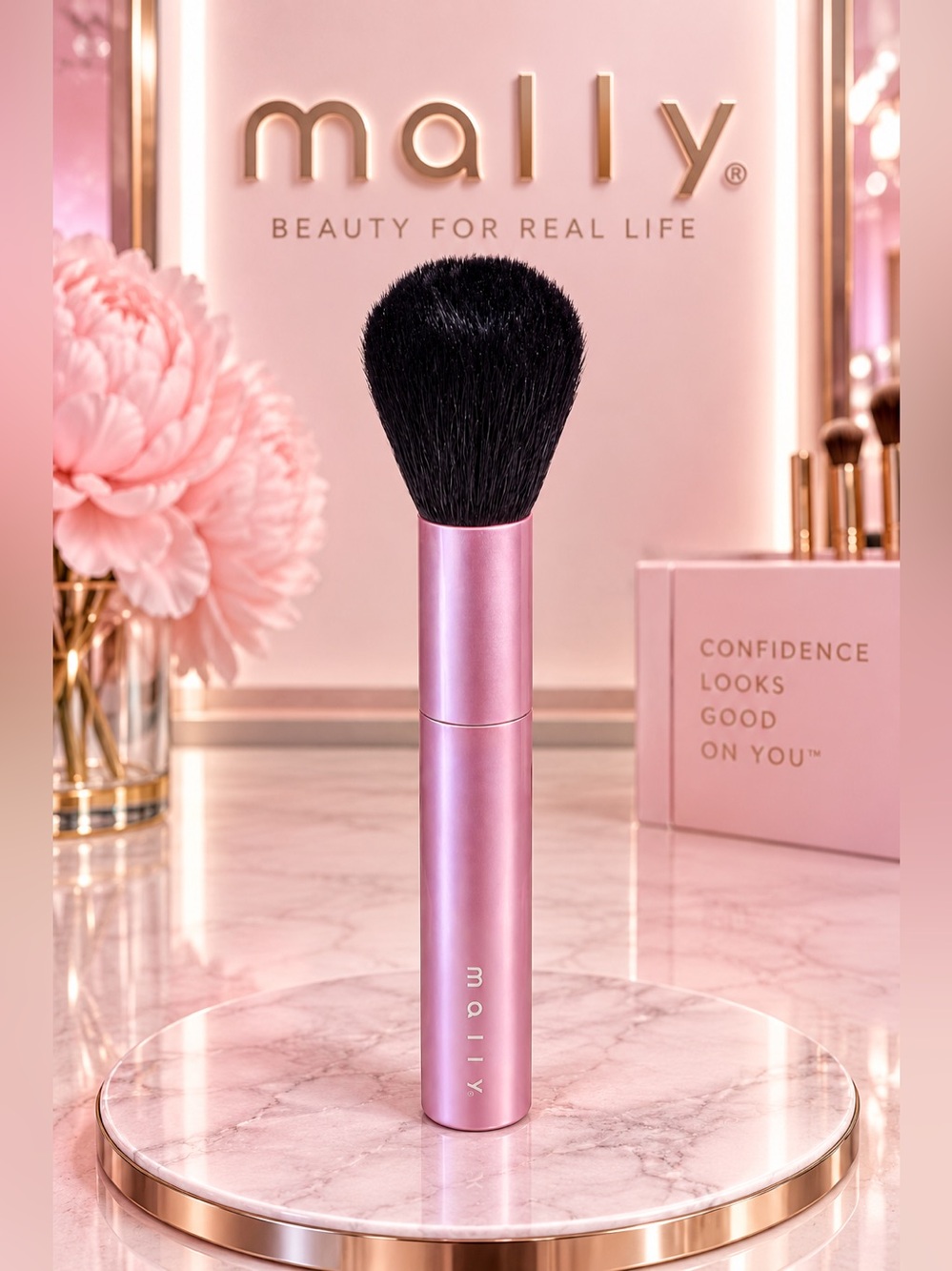 Mally Beauty Pink Powder Brush – Soft Black Bristles